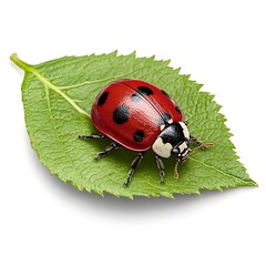 Fototapeta premium Closeup of a Vibrant Red Ladybug Crawling on a Green Leaf