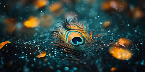 A vibrant illustration of peacock feathers in an extreme close-up, highlighting the vivid colors