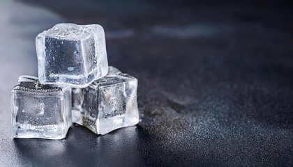 Chilled ice cubes on dark slate background, copy space on a side