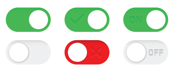 On and Off toggle switch buttons. Switch toggle buttons ON OFF. Material design switch buttons set. Vector illustration.