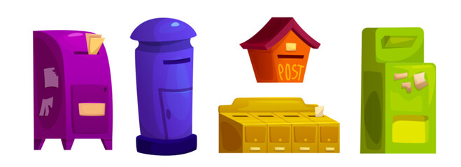 Vintage mailboxes set isolated on white background. Vector cartoon illustration of color letterboxes for mail, postal service, containers for message or parcel delivery, home address numbers on cells