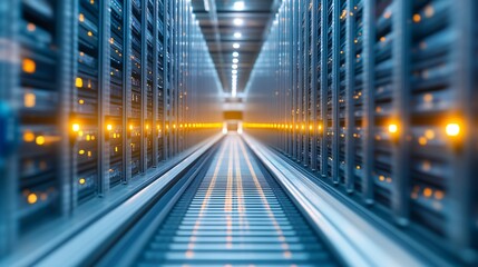 Obraz premium A futuristic data center corridor lined with rows of servers, illuminated by glowing lights, creating a sense of depth and technology.