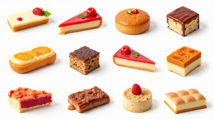 A collection of delicious gourmet desserts in various styles and angles, with rich and indulgent textures, isolated on a transparent background
