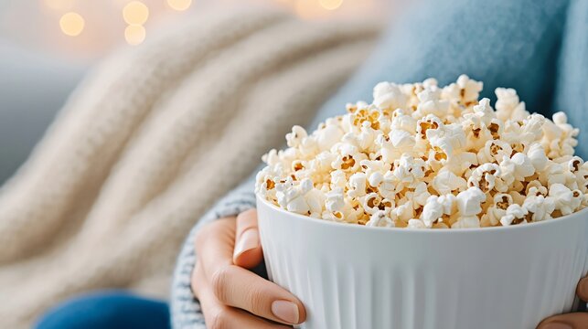 A cozy scene featuring a person holding a bowl of popcorn, perfect for movie nights or relaxing at home with warm blankets and soft lighting.