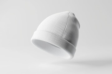 White ribbed beanie hat mockup on white background.