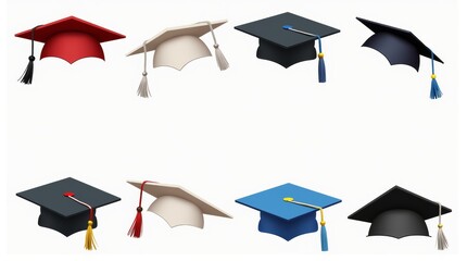 A collection of graduation caps in various styles and angles, showcasing bright colors and unique designs, isolated on a transparent background, capturing the spirit of celebration and achievement.