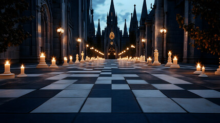 Obraz premium Chessboard Path to Gothic Cathedral at Dusk; Game, Fantasy, Background.