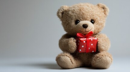 Obraz premium Cute teddy bear holding a small gift box.