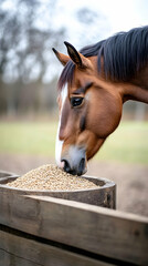 Chestnut horse eating grain in rustic wooden feeder, farm background, equine feed advertisement.