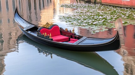 Obraz premium A traditional gondola with ornate design floating on calm waters surrounded by lily pads.