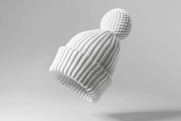 White knit beanie with pompom, winter hat.