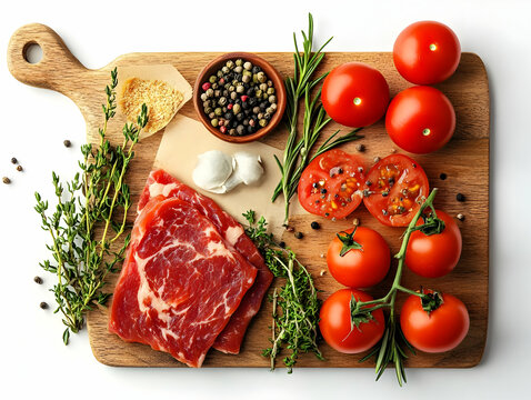 Fresh ingredients on a cutting board: tomatoes, meat, spices, and herbs for a delicious meal preparation.
