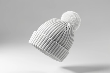 White ribbed knit beanie with pompom. (4)