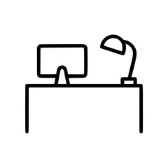 Work desk in outline icon style, business and finance theme.