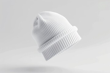 White ribbed beanie hat, floating on white background. (1)