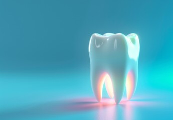 Glowing 3D model of a healthy human tooth on a blue background. (1)
