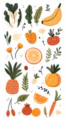 Colorful Fruit & Vegetable Illustration, Flat Lay Design, White Background, Food Blog Graphic.
