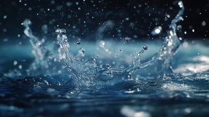 A stunning capture of clear blue water splashing, showcasing the beauty and vitality of moving water droplets. Perfect for advertisements and publications related to nature and purity
