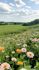 Colorful Zinnias Bloom in Rural Field, Idyllic Landscape, Summer Day, Peaceful Nature Scene, Blog/Website Use.