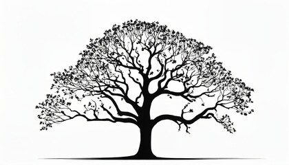 Elegant Silhouette of a Spreading Oak Tree on White Background