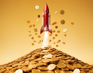 Rocket Launching from a Pile of Gold Coins - Symbolizing Financial Growth and Success