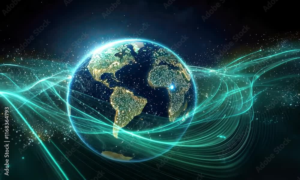Wall mural planet earth glowing in space with digital data streams