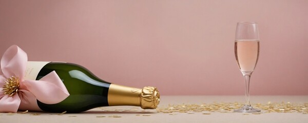 Elegant Champagne Bottle with Pink Ribbon and Glass on Soft Pink Background