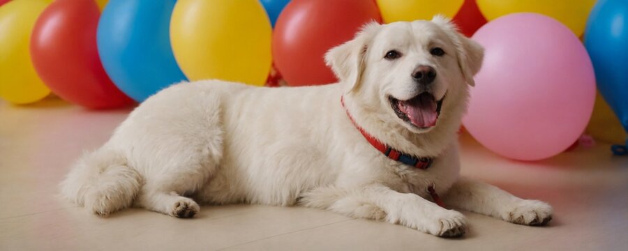Happy dog lies in front of colorful balloons
