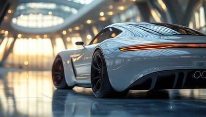 Silver Sports Car in Minimalist Setting with Reflections and Soft Sunlight