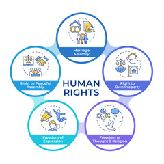 Society freedom rights infographic circles flowchart. Property ownership, human rights. Visualization diagram with 5 steps. Circular info graphic editable. Montserrat SemiBold font used
