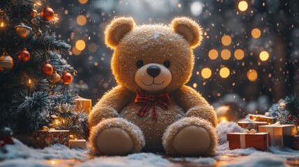 Cozy Christmas Teddy Bear in Front of Beautifully Decorated Tree with Snow and Warm Lighting