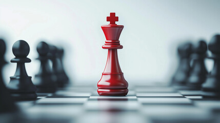 Red King Chess Piece Strategy: A single, prominent red chess king stands defiantly amidst a blurred background of black chess pieces, symbolizing leadership, strategy.