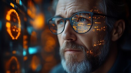 Thoughtful man with futuristic glasses reflecting city lights and data.