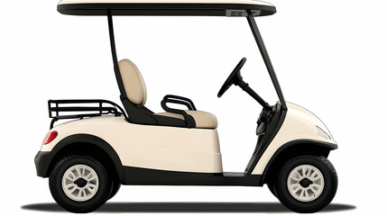 Cream Golf Cart, Side View, White Background, Transportation, Leisure.