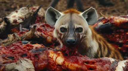 Fototapete A hyena feeding on carcasses in a natural setting, showcasing scavenging behavior. © DZIKRA 