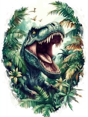 Naklejka premium A vibrant illustration of a roaring dinosaur surrounded by lush tropical foliage.