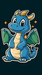 Obraz premium Cute cartoon blue dragon illustration, dark background, fantasy, kids apparel design.