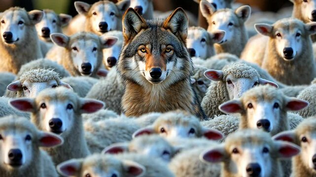  a lone wolf standing in the middle of a large flock of white sheep.