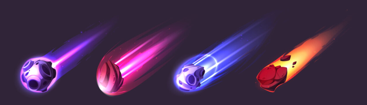 Burning asteroids set isolated on black background. Vector cartoon illustration of space comet with burning tail flying in dark sky, meteor with fire trail, shooting stars falling, glowing in darkness