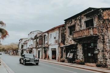 A vintage car drives past historic stone buildings along a quiet street.