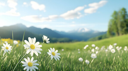 Daisies blooming in mountain meadow, sunny day, nature background, spring freshness, idyllic landscape.