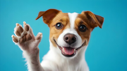 A cheerful dog waving its paw, showcasing a friendly demeanor and a bright smile against a vivid blue backdrop.