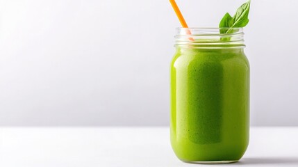 A refreshing green smoothie in a jar with a straw and basil.