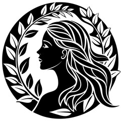 Elegant Woman’s Profile with Leaves in a Circular Frame - Artistic Vector Illustration

