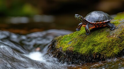 Obraz premium A turtle perched on a mossy rock beside a flowing stream, showcasing nature's beauty.