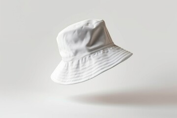 White bucket hat floating on light grey background.