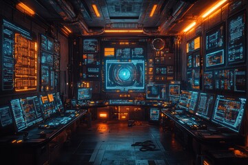 Futuristic Control Room with Interactive Holographic Displays for Emergency Response and Surveillance Operations