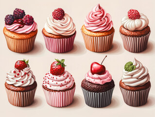 Watercolor with an assortment of muffins with delicate cream and decorated with berries, an exquisite treat for gourmets, a watercolor poster for advertising a pastry shop