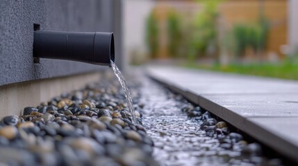 Water flowing from downspout into rock garden.
