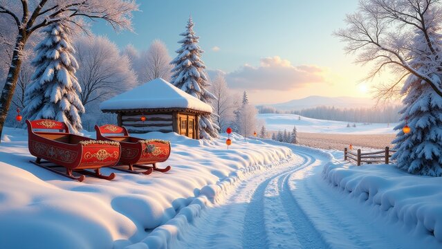 Spring arrival celebration , Snowy village vibrant sleds colorful lanterns spring festive preparation.